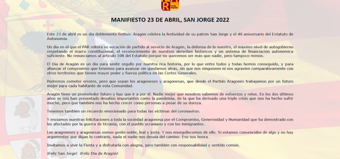Manifiesto del Partido Aragonés – Día de Aragón 2022