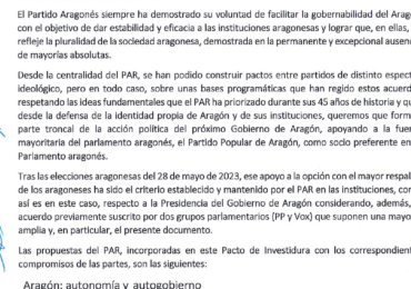 Pacto de Investidura del Presidente del Gobierno de Aragón entre el Partido Aragonés y el Partido Popular de Aragón